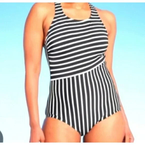 Women's Lands' End One Piece Swimsuit Black White Stripe Size M Full Coverage - Picture 2 of 8